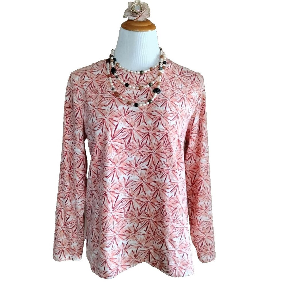 D&Co Crew Neck Active Textured Knit Tee Top Peach Multi Long Slv Crossover Hem